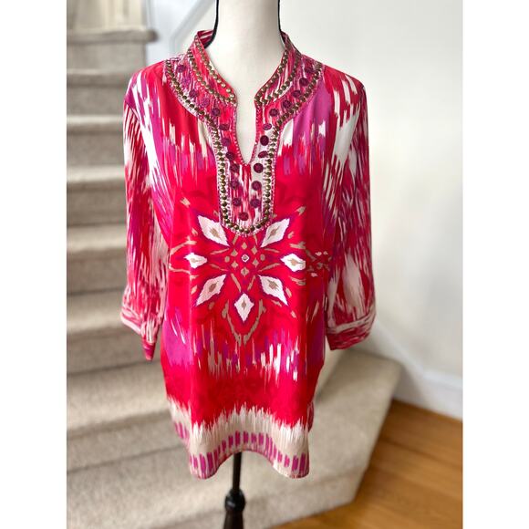 Chico's Red Pink Ikat Watercolor Western Boho Embellished Stud Tunic Blouse - Picture 1 of 8